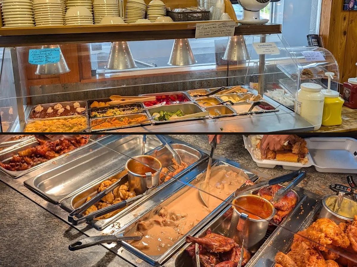 Family buffet spread with salads and hot dishes.