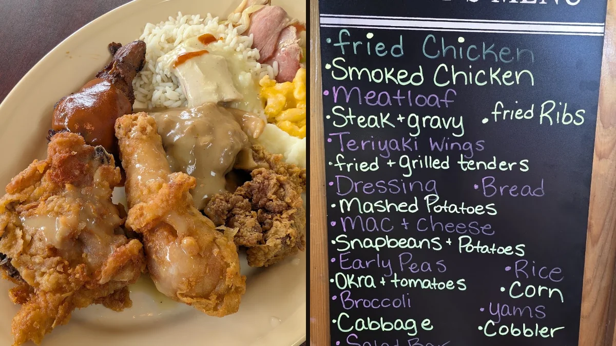 Buffet trays lined with Southern comfort food.